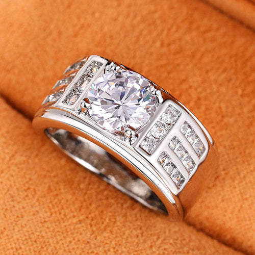 Second product view showing silver-tone round clear solitaire geometric wide signet ring