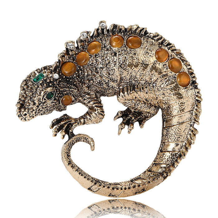 Textured Lizard Brooch Gold Silver Tone Cabochon Eye Pin