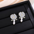 Three Color Camellia Flower Pearl Look Dangle Stud Earrings view 3