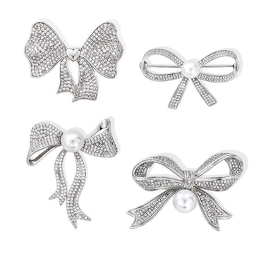 Silver Tone Ribbon Bow Pearl Look Four Designs Metal Brooch Pin