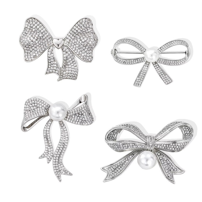 Silver Tone Ribbon Bow Pearl Look Four Designs Metal Brooch Pin