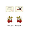 Gold Tone Green Leaf White Flower And Red Cherry Stud Earrings view 3