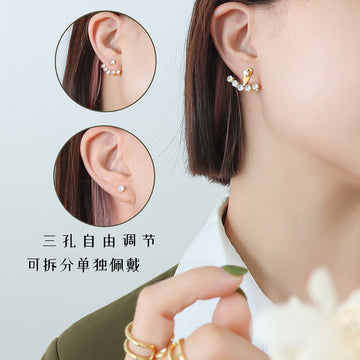 Three Hole Adjustable Zircon Curve Earrings Gold Steel
