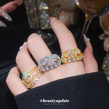 Openwork Clear Crystal Statement Rings Gold Silver Four