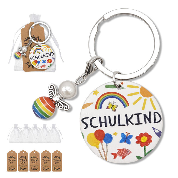 Schulkind Round Wooden Keychain Rainbow Bee Charm Disc