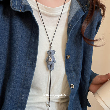 Blue Fabric Teddy Bear Cord Necklace Decorative Jewelry Design
