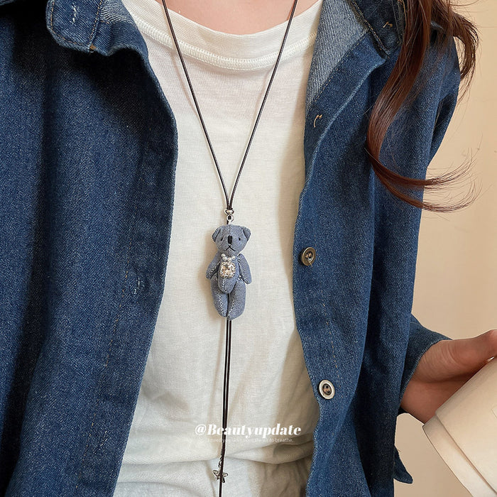 Blue Fabric Teddy Bear Cord Necklace Decorative Jewelry Design