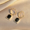 Gold Tone Black Rectangle Drop Hoop Earrings with Polished Metal Finish view 4