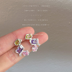 Silver Tone Olive Purple And Pink Geometric Stone Ear Climber Studs