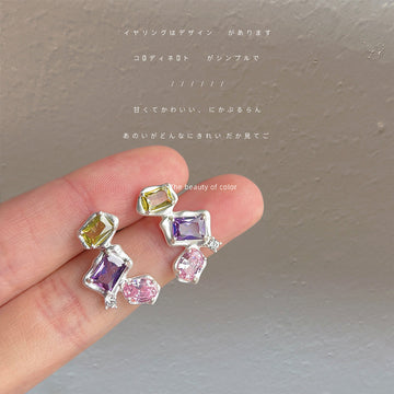 Silver Tone Olive Purple And Pink Geometric Stone Ear Climber Studs