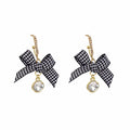 Houndstooth Fabric Bow Drop Earrings Crystal Gold Bar Stud view 5