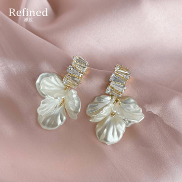Gold Tone Clear Stone Bar And Translucent White Petal Stud Earrings