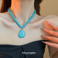 Turquoise Blue Bead Necklace Crackled Teardrop Pendant view 4