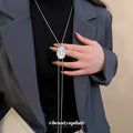 Silver Lariat Necklace with White Oval Accent Decorative Jewelry view 3