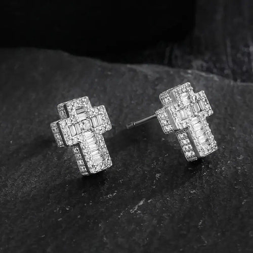 Gold and Silver Tone Geometric Cross Stud Earrings shown in styled view