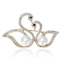 Facing Double Swan Brooch With Two Pearls in Gold or Silver Tone view 1