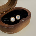 Gold Tone Beaded Square Frame White Pearlescent Stud Earrings view 3
