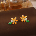 Orange Flower Green Leaf Clear Center Stud Earrings view 4