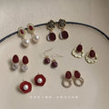 Wine Red Oval Stone Clear Crystal Ball Drop Stud Earrings view 1