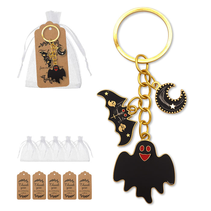 Black Enamel Ghost Bat Crescent Moon Gold Keychain