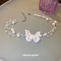 White Lace Butterfly Pearl Multi Strand Choker Necklace view 4