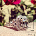Silver Tone Emerald Cut Crystal Double Halo Ring Statement Jewelry view 3