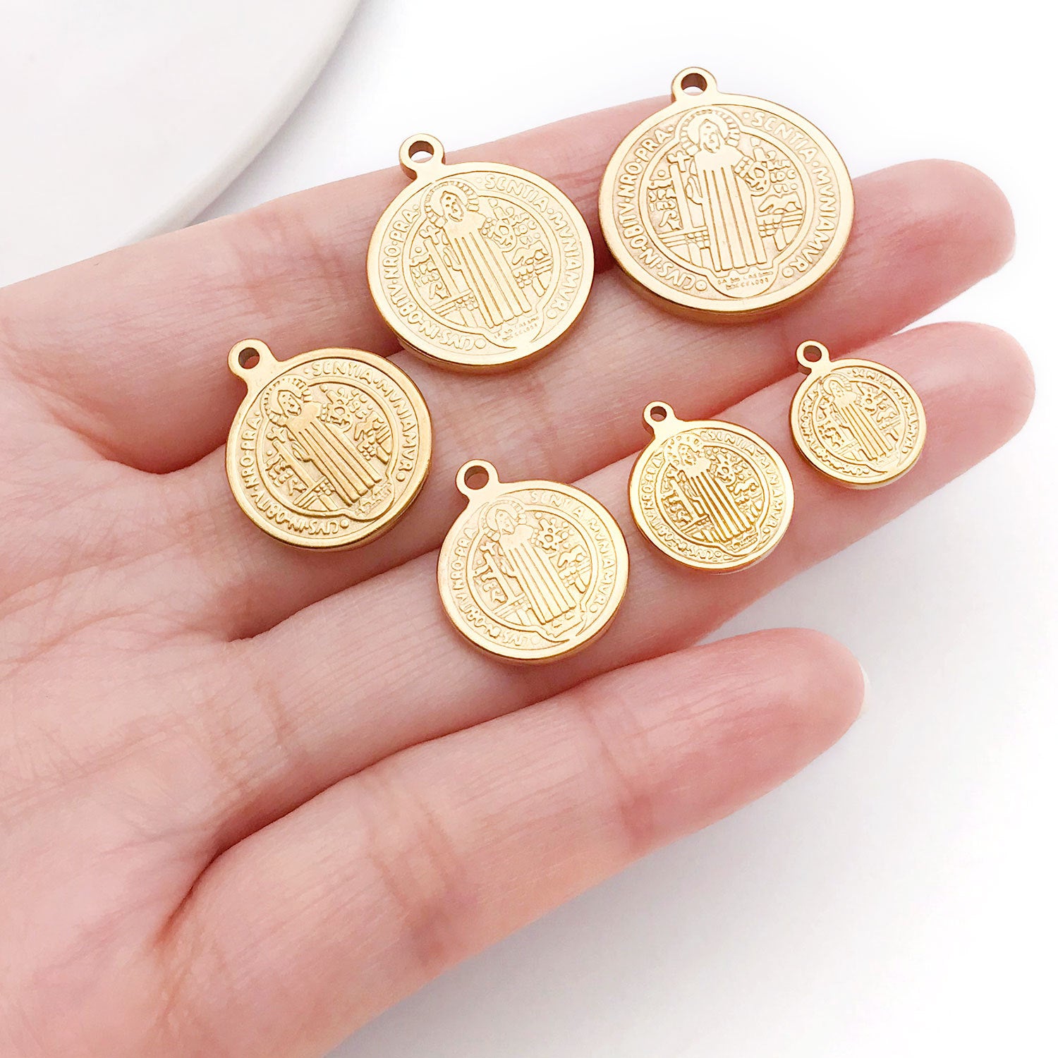 Gold Stainless Steel Round Cross Tag Charm Pendant for DIY Bracelet Necklace Jewelry