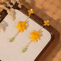 Yellow Flower Green Bead Long Gold Tone Chain Stud Earrings view 4
