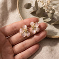 Pink Translucent Four Petal Gold Tone Flower Stud Earrings view 4