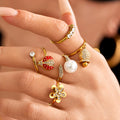 316L Steel Open Rings Flower Ladybug Bell Pearl Five-Stone view 4