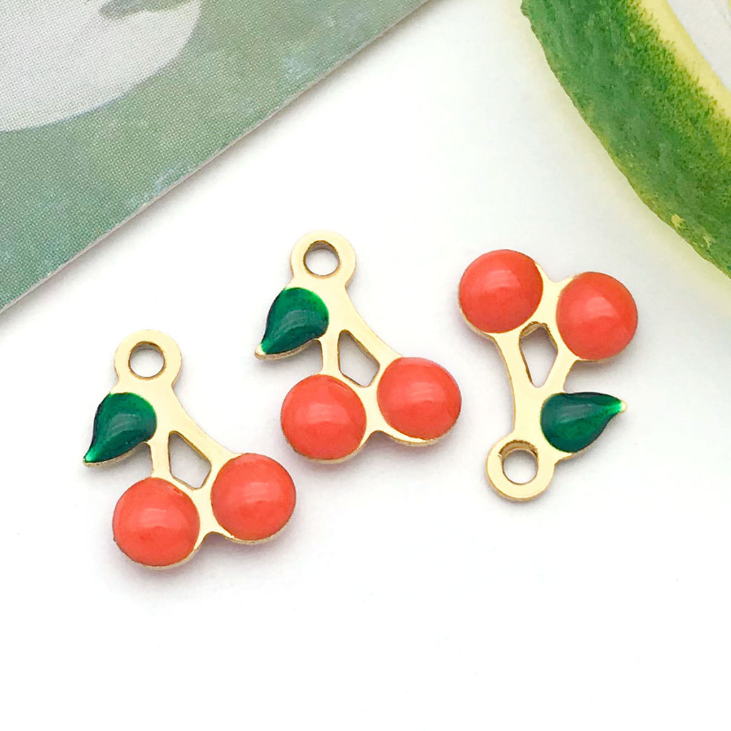 Enamel Stainless Steel Cherry Charm Pendants for Bracelet Necklace Earring Jewelry Making