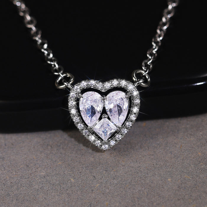 Silver Tone Double Heart Clear Stone Halo Pendant Necklace