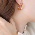 Wide C-Shape Star Zircon Hoop Earrings Gold Silver Stud Back view 1
