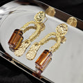 Amber Rectangular Bead and Textured Gold Long Earrings view 3