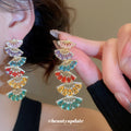 Multicolor Crystal Fan Drop Earrings in Gold Tone Metal view 2