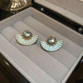 Blue Fan Textured Gold Tone Stud Earrings Statement Jewelry view 6