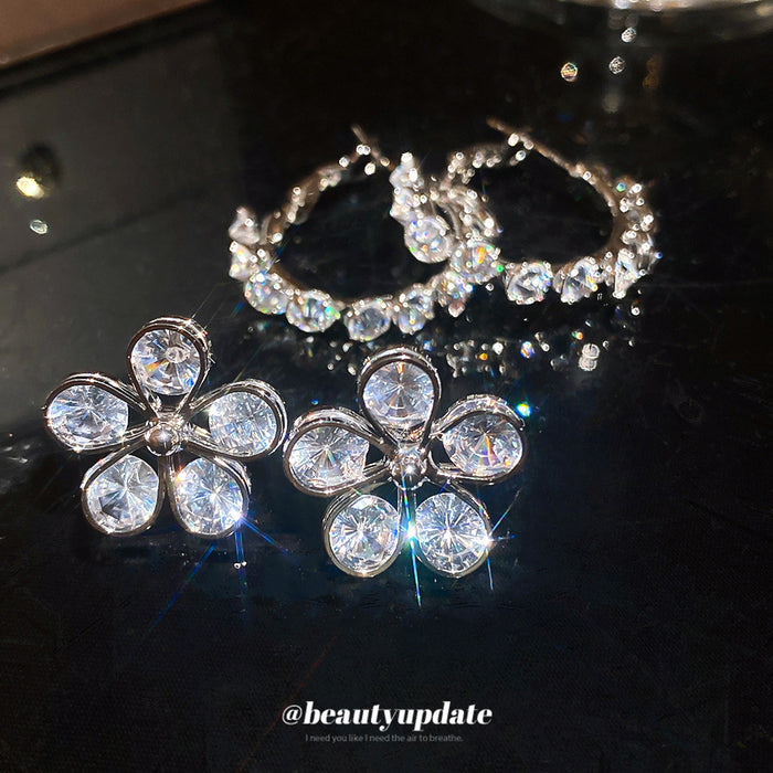 Crystal Flower Studs and Stone Set Hoop Earrings with Metal Settings