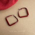 Burgundy Enamel Square Geometric Hoop Earrings Two Sizes view 4