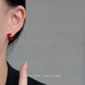 Wine Red Enamel Gold Frame Rectangle Stud Earrings view 2