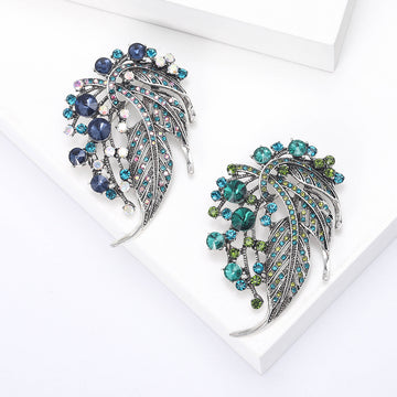 Rhinestone Leaf Brooch Silver Tone Blue Or Green Stones
