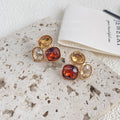 Gold-Tone Amber Brown Red Glass Crystal Cluster Studs Pair view 3