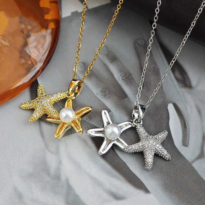 Double Starfish And Pearl Accent Pendant Necklace Set