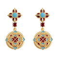 Gold Tone Aqua Red Cross Floral Medallion Drop Stud Earrings view 5