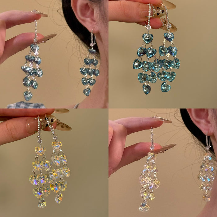 Blue Crystal Heart Cascade Hoop Earrings Fashion Jewelry for Women