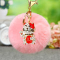 Crystal Lucky Cat Keychains with Faux Fur Pompoms in Sixteen Options view 2