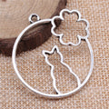 Cat and Flower Open Frame Round Metal Pendant in Two Finishes view 2