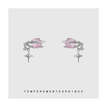 Silver Planet Pink CZ Star Charm Stud Earrings Pair