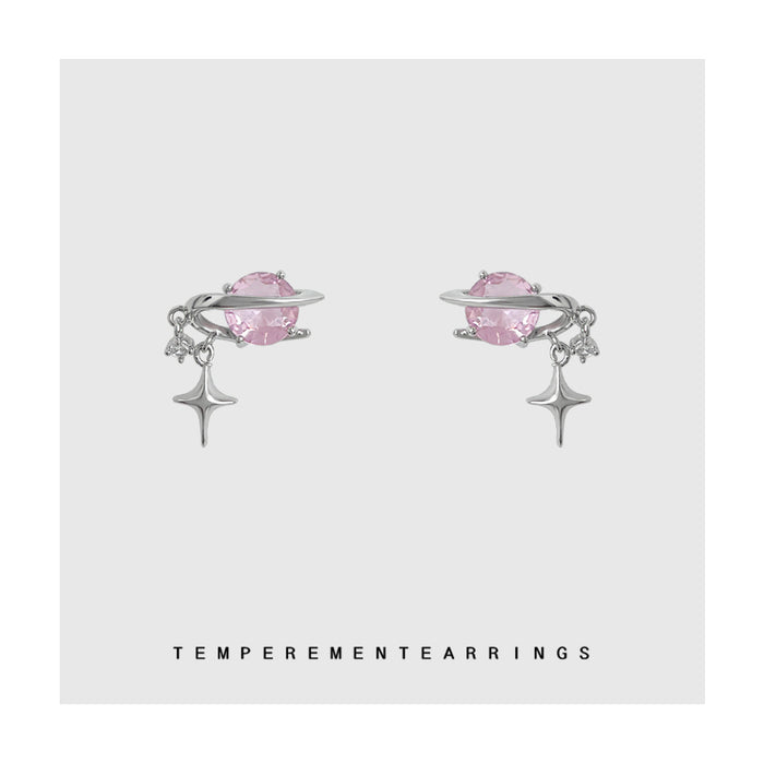 Silver Planet Pink CZ Star Charm Stud Earrings Pair