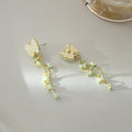 Cream Butterfly Stud Earrings Gold Vine Green Bead Drops view 4