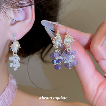 Silver Tone Shell and Beaded Tassel Stud Earrings in Two Colors